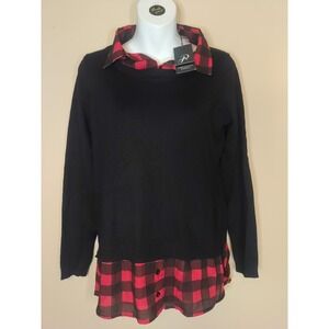 Adriana Papell Black Red Check Print Twofer‎ Collar Long sleeve Sweater Size S